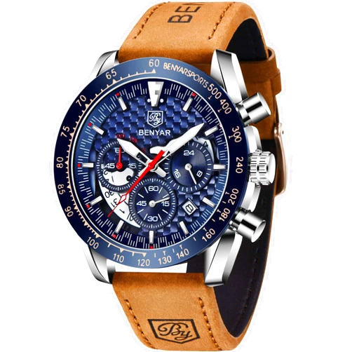 CEYADG BENYAR Men's Quartz Chronograph Waterproof Leather Watches Business Casual Sport Design Wrist Watch for Men Perfect for Father Son Black Blue Rose Gold
