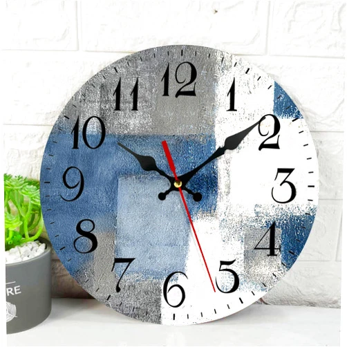 ArtSocket Wooden Wall Clock Silent Non-Ticking, Blue White Grey Abstract Painting Gray Vintage Modern Lines Round Wall Clocks Decor for Home Kitchen Living Room Office(12 Inch)