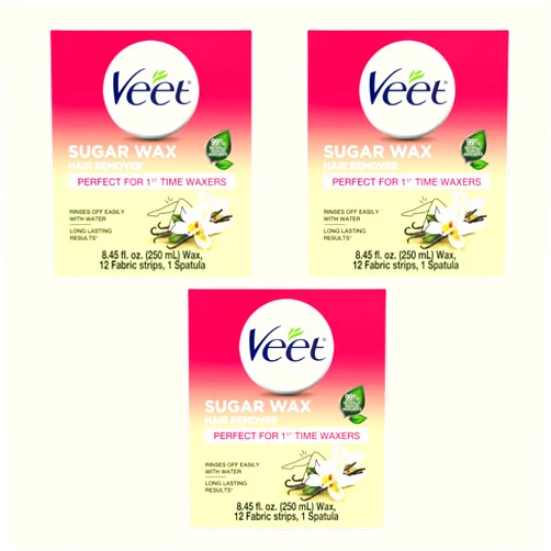 Veet Sugar Wax Hair Remover - Contains 12 Fabric Strips & 1 Spatula with a Temperature Indicator (Pack of 3)