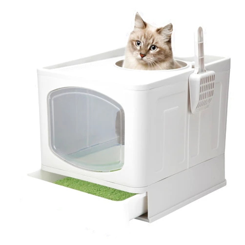 Canbrake Top Entry Cat Litter Box with Lid,Foldable Litter Box with Cat Plastic Scoop,Extra Large Space,Drawer Structure,Closed Smell Proof Anti-Splashing,Split Type for Easy Cleaning (Gray1)