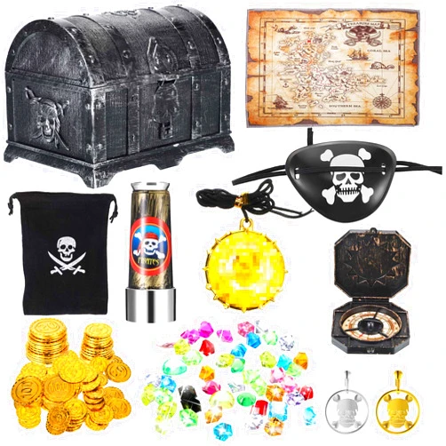 Sumind 73 Pieces Pirate Treasure Box Toy Set Vintage Pirate Pretend Toys Include Treasure Chest Pirate Eye Patch Gold Earring Gold Coin Gems Plastic Toy Compass Pirate Map for Halloween Cosplay Party