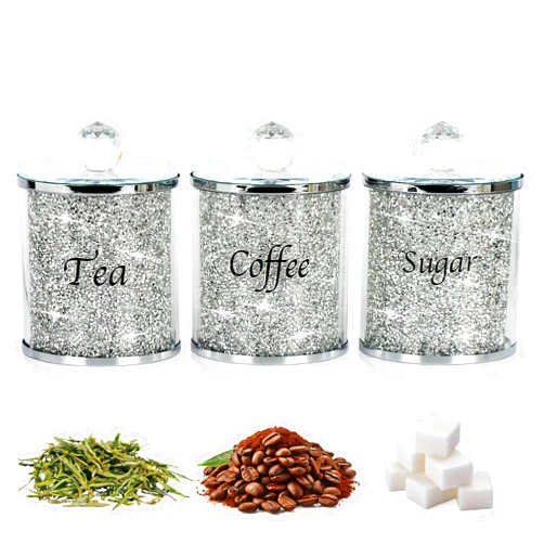 Topsky Coffee Sugar Tea Crystal Canister Set of 3,Sparkly Crystal Crushed Diamonds Home Decor,Silver Kitchen Coffee Jar Storage Set with Label & Lid,Storage Container Set for Countertop,Dining Room