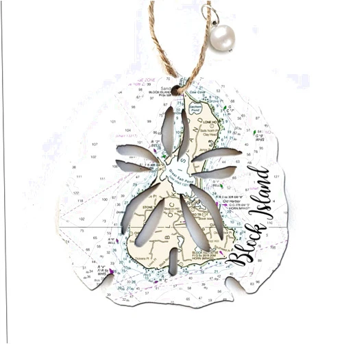MapMom Ornament |Block Island, RI Sand Dollar Map Ornament| 4” Wood Hanging Map Ornament with Artwork & Charm | Perfect for Wine Bottles, Gift Bags, or Christmas Tree | Unique Gift for any Occasion