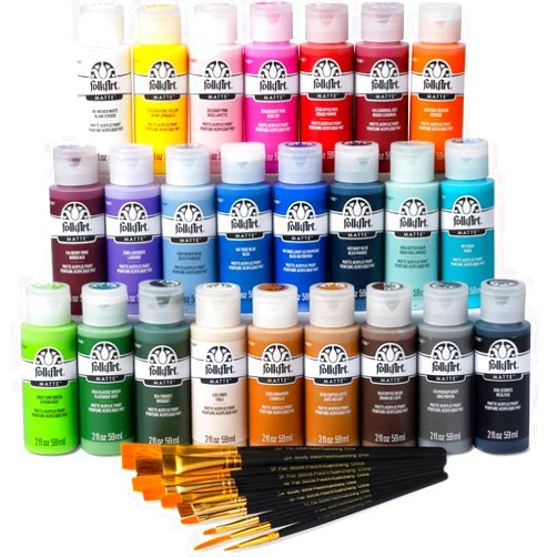 FolkArt 99445 24 Bottle Acrylic Craft Paint Set with 10 Pack of Brushes, 2oz, Colors May Vary