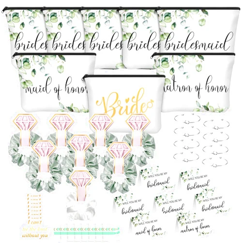 Coume 63 Pcs Bridesmaid Proposal Gift Sets Maid of Honor Matron of Honor Bride Gifts Bridal Shower Cosmetic Makeup Bags Scrunchies Hair Knotted Bracelets Invitation Cards for Wedding (Green Leaves)