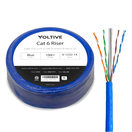 Voltive Cat6 Riser (CMR), 100ft, Blue - Solid Bare Copper Bulk Ethernet Cable - UTP - 600MHz - UL Certified & ETL Verified