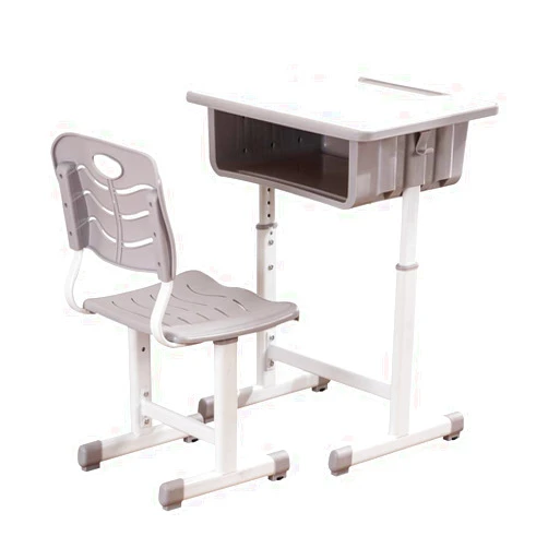 ShowMaven Student Desk and Chair Combo, Height Adjustable Children's Desk and Chair Workstation with Drawer, Pencil Grooves and Hanging Hooks for Home, School and Training (Light Grey&White)