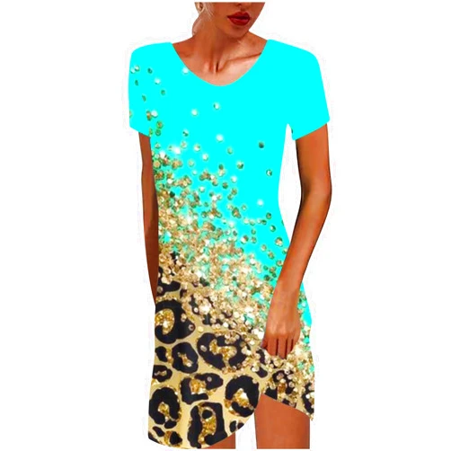 ZDRZK Casual Dresses for Women 2024 Leopard Print Short Sleeve V-Neck Mini Dress Color Block Summer Beach Sundress