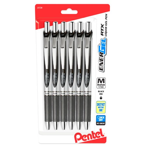 Pentel EnerGel RTX Retractable Liquid Gel Pen, (0.7mm), Medium Line, Metal Tip, Black Ink, Pack of 6 (BL77BP6A)
