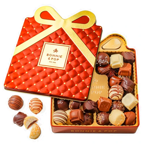 BONNIE AND POP Chocolate Gift Basket, Candy Food Gifts Arrangement Platter, Gourmet Snack Gift Bow Tin Box, Present Idea, Stocking Stuffer, Corporate Him & Her, Men Women Family Parties- Gourmet Belgian Truffles- Brown- Bonnie & Pop