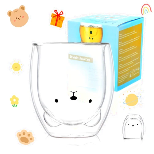 Binoster Bear Cute Mugs Kawaii Double Wall Glass Coffee Tea Mill Yogurt Cup Funny Novelty Gift for Women Her Friends Office Birthday Christmas