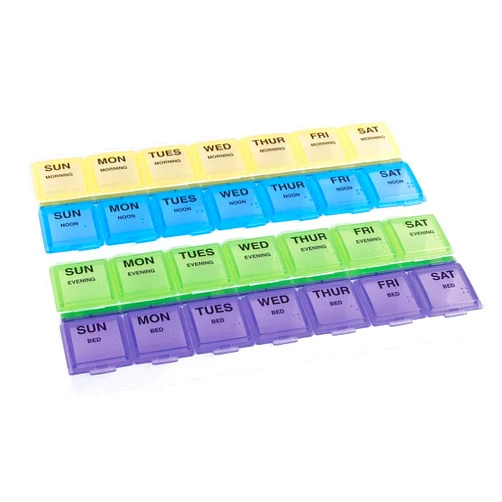 EZY DOSE Weekly (7-Day) Pill Case, Medicine Planner, Vitamin Organizer Box, Large Compartments with Rounded Base, 4 Times a Day, Colored Lids, BPA Free