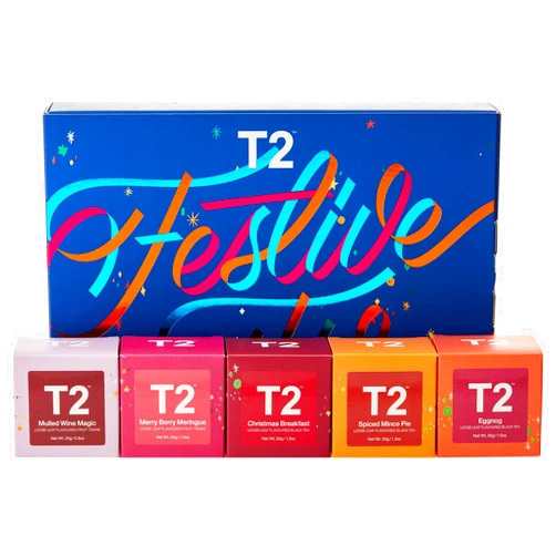 T2 Tea Festive 5 Giftpack, 5 Assorted Loose Leaf Tea Gift Pack, Festive Special Design, Best Gift for Holiday, Festive Edition Festive Five