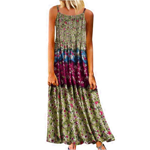 HHmei Women's Linen Print Loose Dresses, Vintage Bohemian Floral Sleeveless O-Neck Straps Maxi Dress