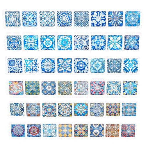 PH PandaHall 48pcs Square Glass Cabochons, 25mm Mosaic Cabochons Mixed Color Mosaic Printed Glass Dome Cabochons Mosaic Tile Supplies for Crafts, Plates, Picture Frames, Flowerpots, Handmade Jewelry
