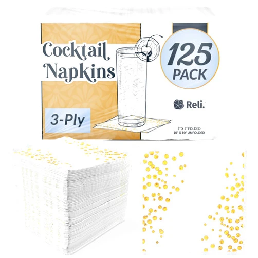 Reli. (125 Count) Napkins 3-Ply, White and Gold Beverage Napkins | Disposable | 5 x 5 in. for Small Party, Bar, Wedding | Use for Coffee, Desserts (White/Gold)