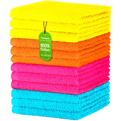 DecorRack 12 Pack 100% Cotton Wash Cloth, Luxurious Soft, 12 x 12 inch Ultra Absorbent, Machine Washable Washcloths, Vivid Assortment Colors (12 Pack)