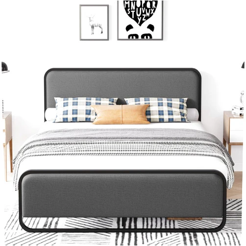 Homhougo Metal Bed Frame Full, Heavy Duty Platform Bed with Curved Upholstered Headboard and Footboard,10.3'' Underbed Space, Strong Slats Support, No Box Spring Needed, Grey