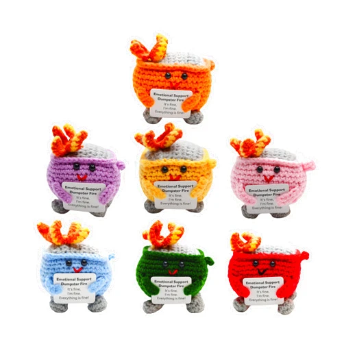 The trend collection 7 Pack Emotional Support Dumpster Fire Crochet, Handmade Positive Support Gift. Counselor, Teacher, Manager, Co Worker Office Desk Decor. Friends and Family. Funny Stress Relief Gag Gift.