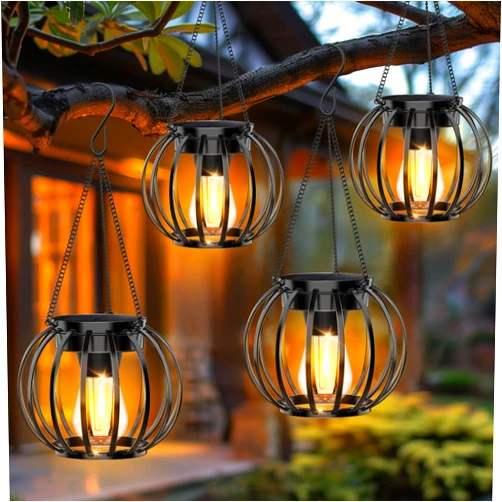 NESSTU Solar Lanterns Outdoor Waterproof: 4 Pack Metal Hanging Solar Lights for Outside Garden Decor, Solar Garden Lantern Decorative Lights for Tree Yard Patio Table Pathway Wall Decorations