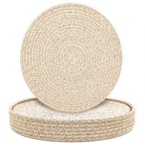 Jukercici Round Placemats Set of 6 with Holder, Cotton Rope Woven Place Mats, Hot Pads for Kitchen, Heat Resistant Table Mats, 13 Inch Farmhouse Washable Braided Placemat for Kitchen Decor (Brown)