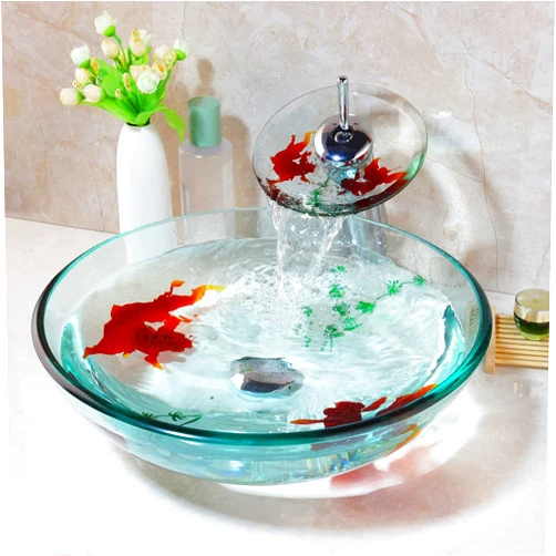 Focitland Bathroom Sink,Clear Vessel Sink&Round Glass Vessel Sink with Faucet and Pop-Up Drain,Bowl Sink&Gold Fish Bathroom Sinks Above Counter