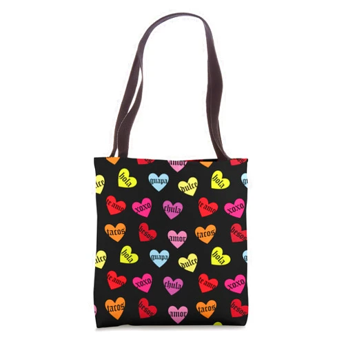 TheCraftyDrunkCo.com Rainbow Spanish Hearts Taco, Chula, XOXO, Guapa, Te Amo Tote Bag