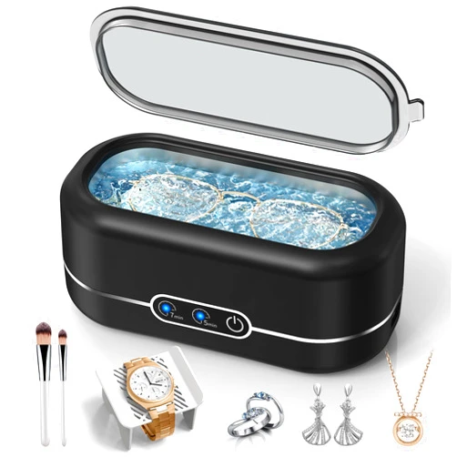 Miorcols Ultrasonic Jewelry Cleaner, 48KHz Jewelry Ultrasonic Cleaner Machine for All Jewelry, Glasses, Rings, Retainers, Watch Strap, Dentures, 304 Stainless Steel 12oz Cleaning Pod - Black