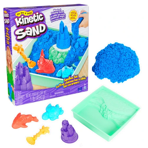 Kinetic Sand Sandbox Set, 1lb Blue Play Sand, Sandbox Storage, 4 Molds and Tools, Sensory Toys for Kids Ages 3+