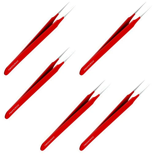 Tweezees Ingrown Hair Tweezers | Pointed Tip | Red | 5 Pack | Precision Stainless Steel | Extra Sharp and Perfectly Aligned for Ingrown Hair Treatment & Splinter Removal For Men and Women | By Tweezees