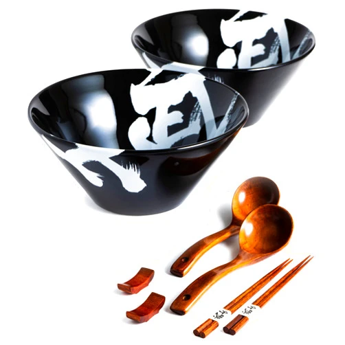 BICETTO Japanese Ceramic Ramen Bowl Set, 60oz Large Ramen Bowls with Chopsticks, Spoons and Chopstick Rests – Bowl for Ramen, Pho, Salad, Poke, Soup, Udon – Minimalist Design, Premium Quality, Black