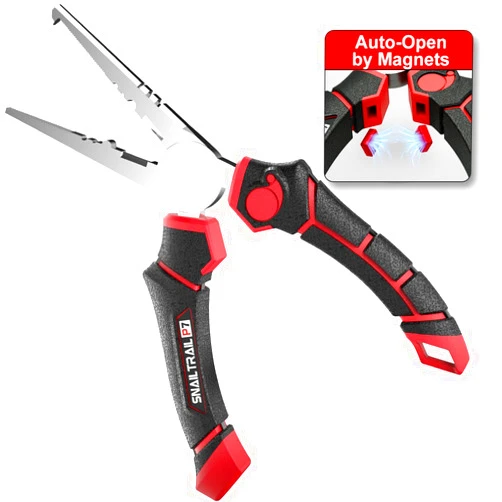 SNAIL TRAIL 7'' Fishing Pliers, Angled Head Split Ring Pliers, Auto-Open by Magnets, Corrosion Resistant Fish Hook Remover, Saltwater Crimping Shot & Wire Cutter Tool