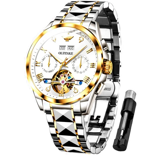 OUPINKE Mens Watches Automatic Skeleton Tourbillon Self Winding Luxury Sapphire Crystal Business Dress Wristwatch