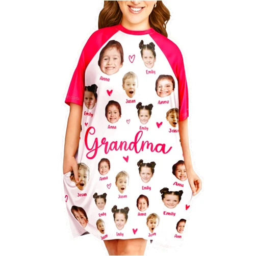 VAOWO Custom Grandma Nightgown for Women, Personalized Sleep Tee Shirt with Face, Customized Sleepwear Nightshirt