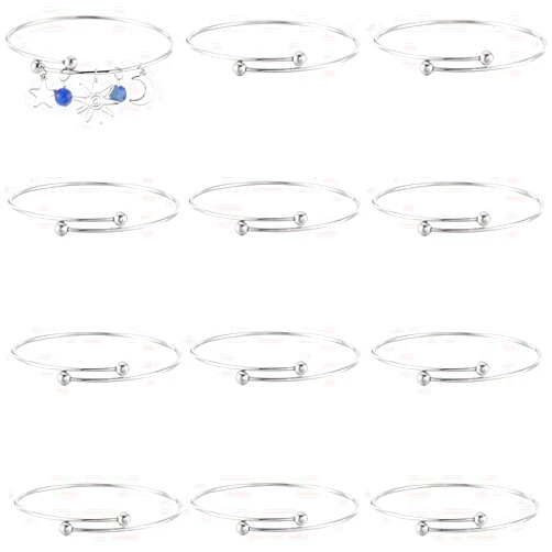 SUNNYCLUE 12Pcs Adjustable Wire Bracelet Silver Expandable Bangle Stainless Steel Open Cuff Bangles Set Bulk Bracelets with Irremovable Bead for Jewelry Making Charms DIY Craft Supplies Women Adult