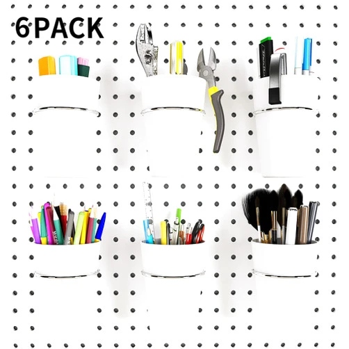Kuhome 6 Sets Pegboard Hooks with Pegboard Cups, Ring Style Pegboard Bins with Rings, Pegboard Cup Holder Accessories for Organizing Storage (White)