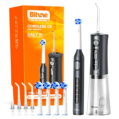 Bitvae Water Dental Flosser Teeth Picks, Cordless Water Flosser for Teeth, Braces, Dental Care and Rechargeable Rotary Electric Toothbrush Combo Set, 4 Tips, 4 Brush Heads, Waterproof, Black, C5+R1