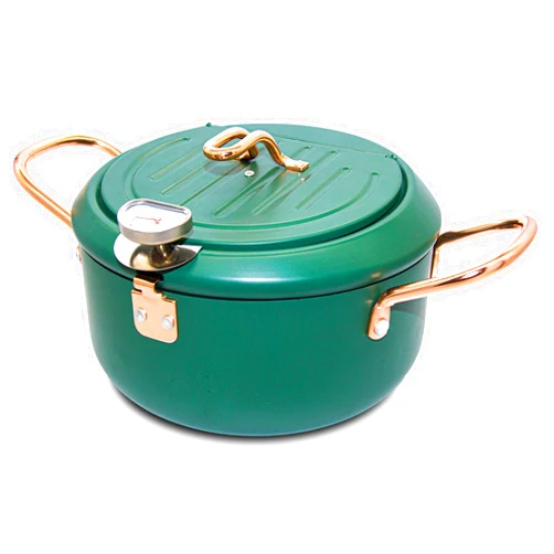 Cyrder Japanese Tempura Deep Fryer Pot with Fahrenheit Thermometer 3.5L- Nonstick Carbon Steel Oil Fryer, Fried Tempura/Chicken/Fish/Shrimp, Easy Clean, Green Big Tempura Pan, 10.2inch