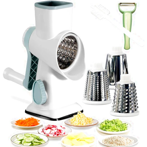 BNUNWISH Rotary Cheese Grater Shredder with Handle Handheld Round Mandoline Vegetable Slicer Carrot Shredder Nut Grinder with 3 Replaceable Stainless Steel Drum Blades and Upgrade Strong Suction, White/Cyan