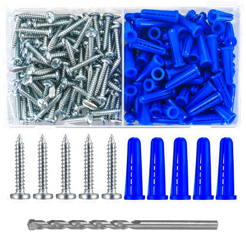 Bayidun 200 Pcs Conical Concrete Wall Anchors and Screws for Drywall, 10# Blue Conical Anchor and Self Tapping Screws, Includes 100 Pcs Drywall Anchors, 100 Pcs Pan Head Screws, 1 x Drill Bit (Blue.)