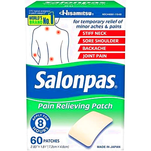 Salonpas Pain Relieving Patch for Back, Neck, Shoulder, Knee Pain and Muscle Soreness - 8 Hour Pain Relief - 60 Count, New Edition