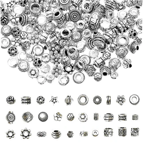 Teaaha 200PCS Spacer Beads Tibetan Antique Silver Bead Spacers, Assorted Styles Metal Filigree Seed Beads Alloy Loose Charm for DIY Jewelry Making and Crafts(1-5mm Hole)