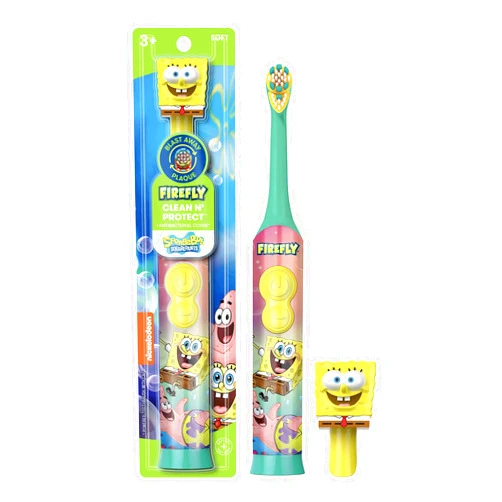 FIREFLY Clean N' Protect, Spongebob Squarepants Toothbrush with 3D hygienic Character Cover, Soft Compact Brush Head, Ergonomic Handles for Small Hands, Battery Included, Ages 3+, 1 Count