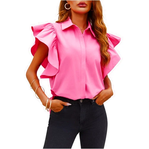 Tankaneo Womens Ruffle Button Down Shirts Cute Summer Short Sleeve Tops Blouse