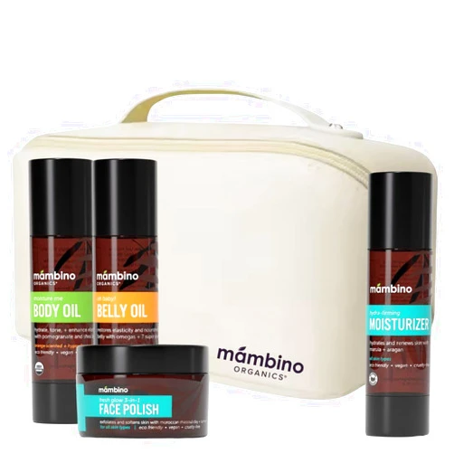 Mambino Organics Second Trimester Set – All Natural Skincare Pregancy Gift Box – Anti-stretch mark Belly Oil, Moisturizing Body Oil, Face Polish, Face Moisturizer - Mambino Organics