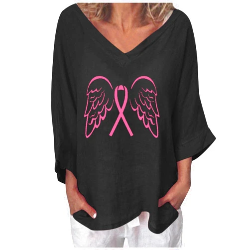 SMIDOW Cotton Linen Womens Breast Cancer Awareness Shirt 3/4 Sleeve Pink Ribbon Graphic Blouses Pullover Tops Loose Fit
