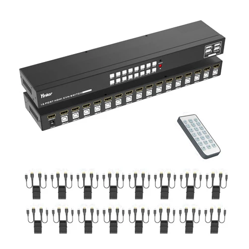 Yinker 16 Port KVM Switch HDMI, 4K@30Hz HDMI Rack Mount KVM Switch w/ 16 Pcs KVM Cables, Support 4 USB 2.0 Devices & HDCP 2.2 & Remote Control for 16 Computers/Servers