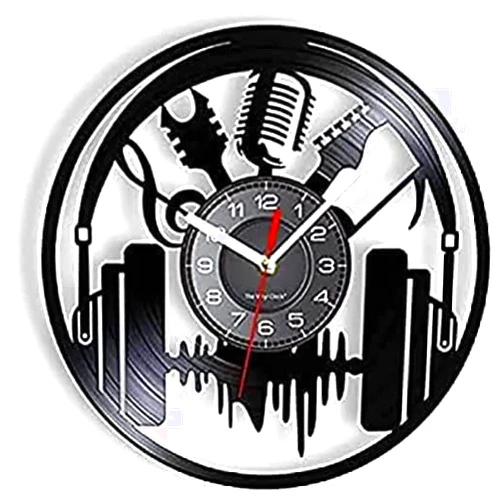LKCLOCK Wall Clock for Living Room Decor Wall Clock Headphones, Musical Instruments, Microphone, Vinyl Record, Wall Clock, Vintage Guitar, Soundwave, Room Art, Decor, Rock N Roll, Undead Music Gift