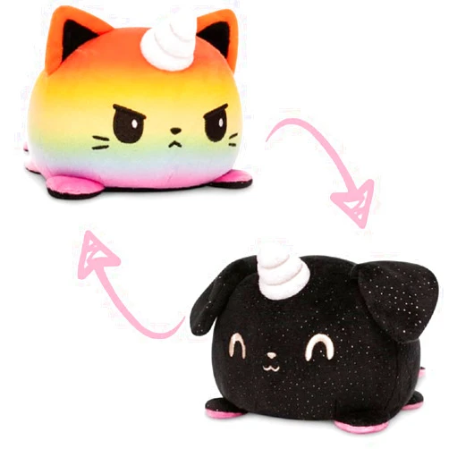TeeTurtle - The Original Reversible Cat + Dog Plushie - Black Sparkle Puppicorn + Rainbow Kittencorn - Cute Sensory Fidget Stuffed Animals That Show Your Mood