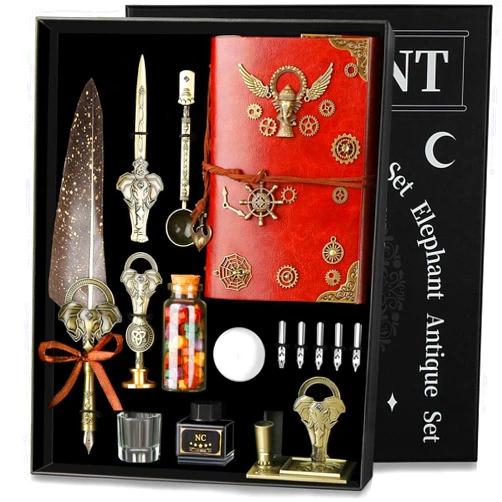 NC Feather Pen Ink Set,with Quill Pen,Notebook,5 Replaceable Nibs,Ink,Pen Holder,Stamp,Spoon,Wax Beads, White Wax,Cup,Envelopes and Letter Paper Etc.Beautiful Gift Calligraphy Set.(Grey)